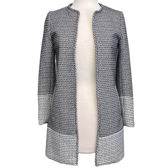 BLACK/CREAM blazer H&M Textured Weave Long Sleeve Lined Jacket Womens Sz 8 - Picture 3 of 12